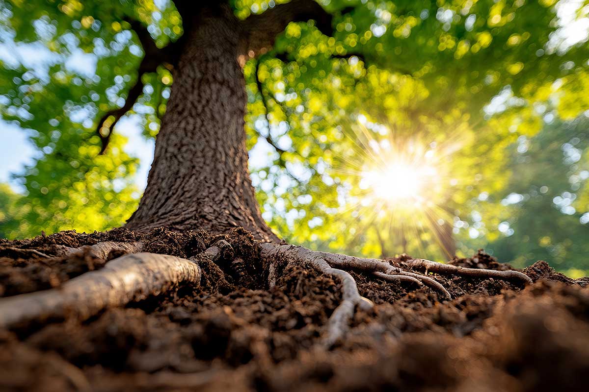 Tree roots exposed in soil with sunlight behind the trunk, used for arborist root investigations.